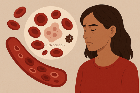 Illustration of a tired woman with a blood vessel cross-section showing iron-deficient red blood cells and hemoglobin structures, highlighting the impact of iron deficiency anemia.