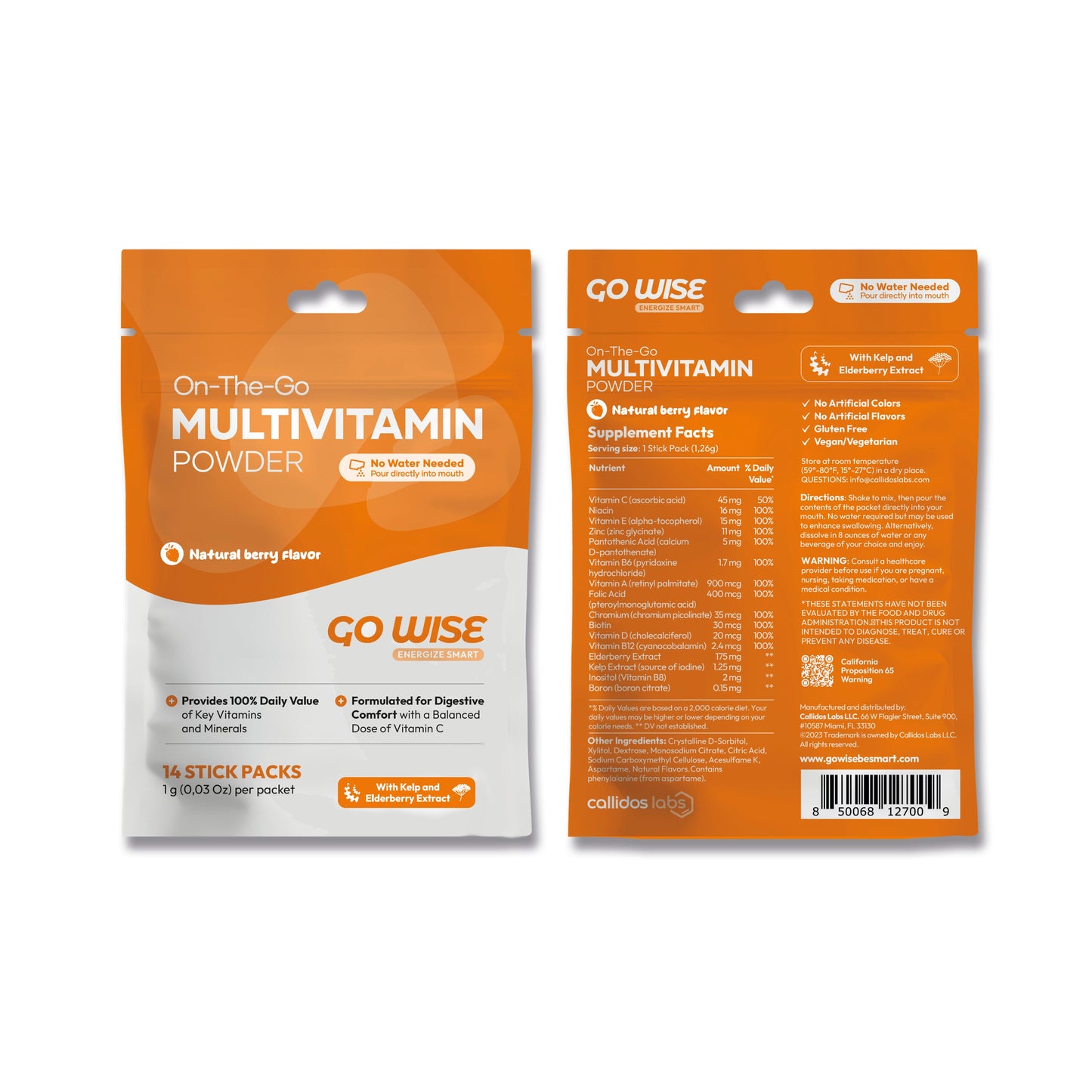 Go Wise - Multivitamin Powder Sticks - No water mixing required - Pour and Enjoy - 14 Sticks Back Front