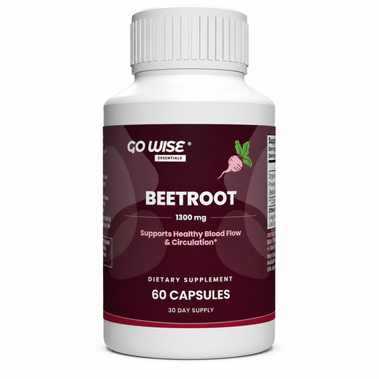 A white bottle of GO WISE Essentials Beetroot dietary supplement, 1300 mg, 60 capsules, on a clean white background.