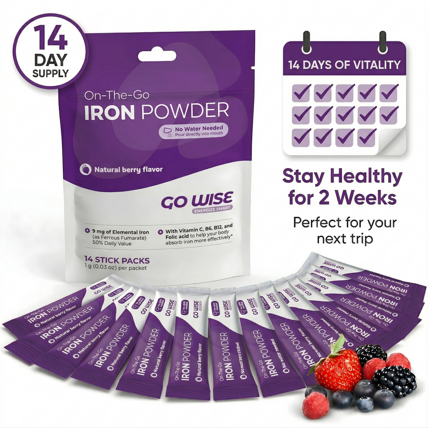 On-The-Go Iron Powder with 14 stick-packs and text about 14 days supply