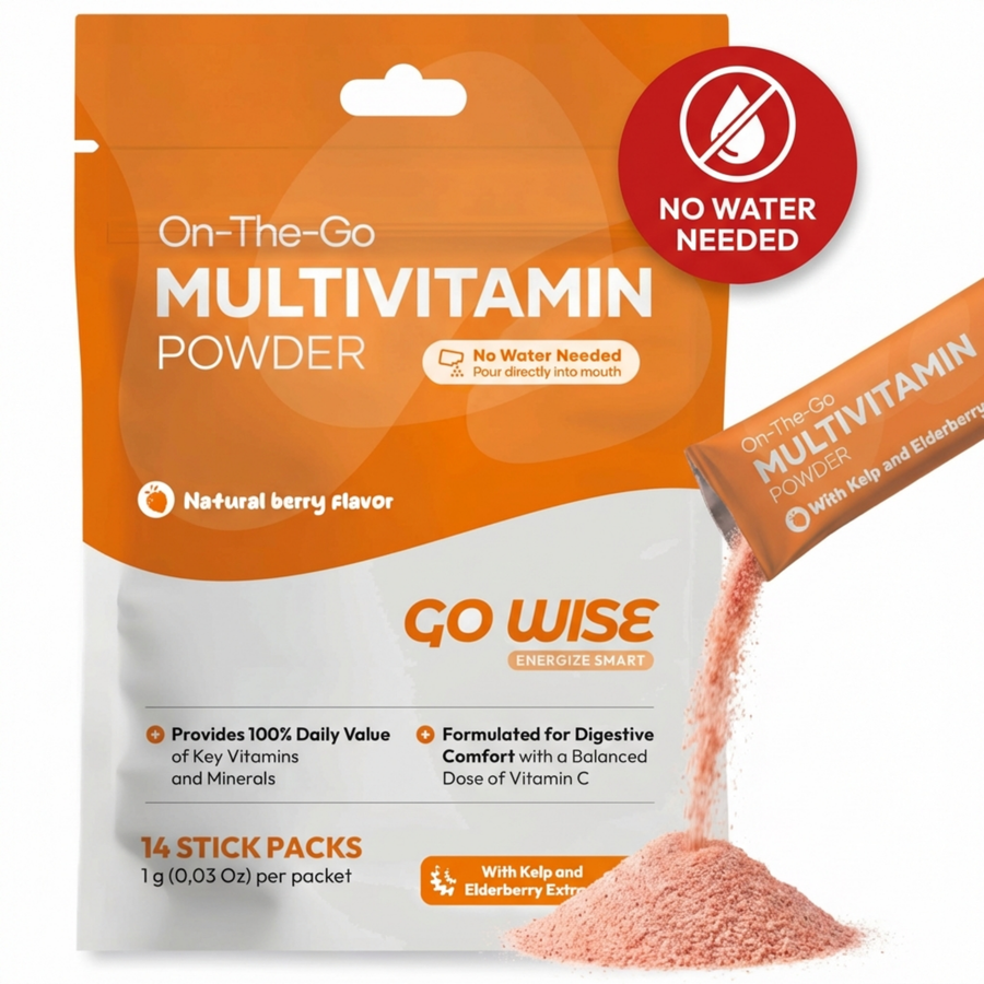 Go Wise On-The-Go Multivitamin Powder package with a stick pack being poured.