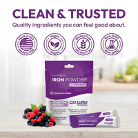Go Wise Iron Powder product image highlighting clean and trusted quality standards, including Made in USA, vegan, gluten free, and non-GMO, alongside this gentle iron supplement and iron powder supplement in natural berry flavor.
