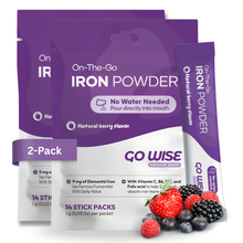 Two packages of On-The-Go Iron Powder with purple and white design. Go Wise On-The-Go Iron Powder, a gentle iron supplement and iron powder supplement in natural berry flavor with no water needed, shown with a poured stick pack, berry powder, and fresh berries. A good iron supplement for women seeking iron supplements for energy and iron supplements for fatigue.