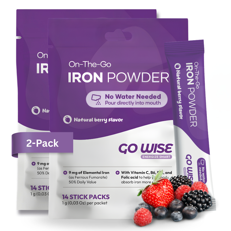 Two packages of On-The-Go Iron Powder with purple and white design. Go Wise On-The-Go Iron Powder, a gentle iron supplement and iron powder supplement in natural berry flavor with no water needed, shown with a poured stick pack, berry powder, and fresh berries. A good iron supplement for women seeking iron supplements for energy and iron supplements for fatigue.