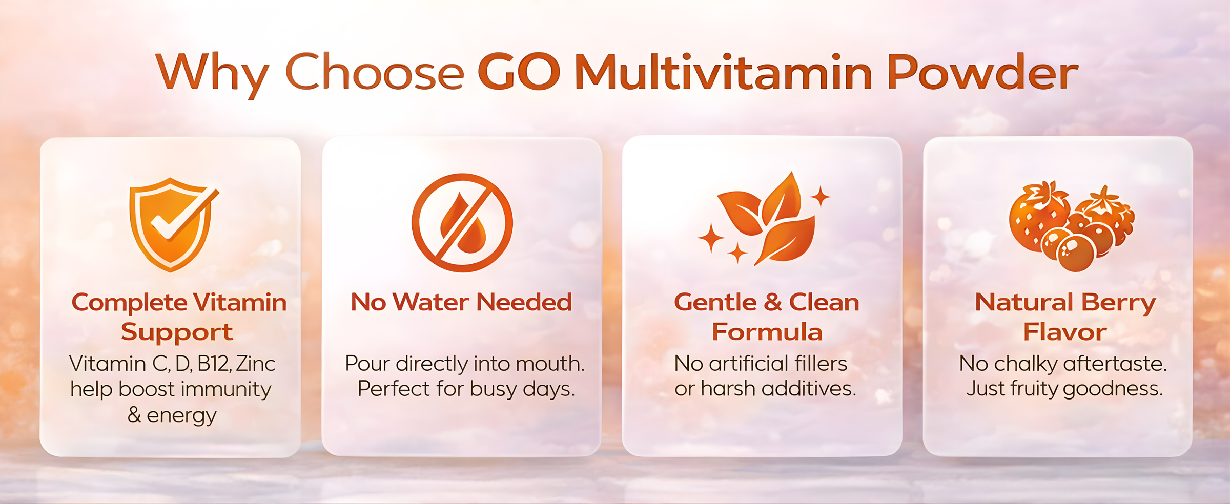 GO Multivitamin Powder promotional graphic with benefits listed.