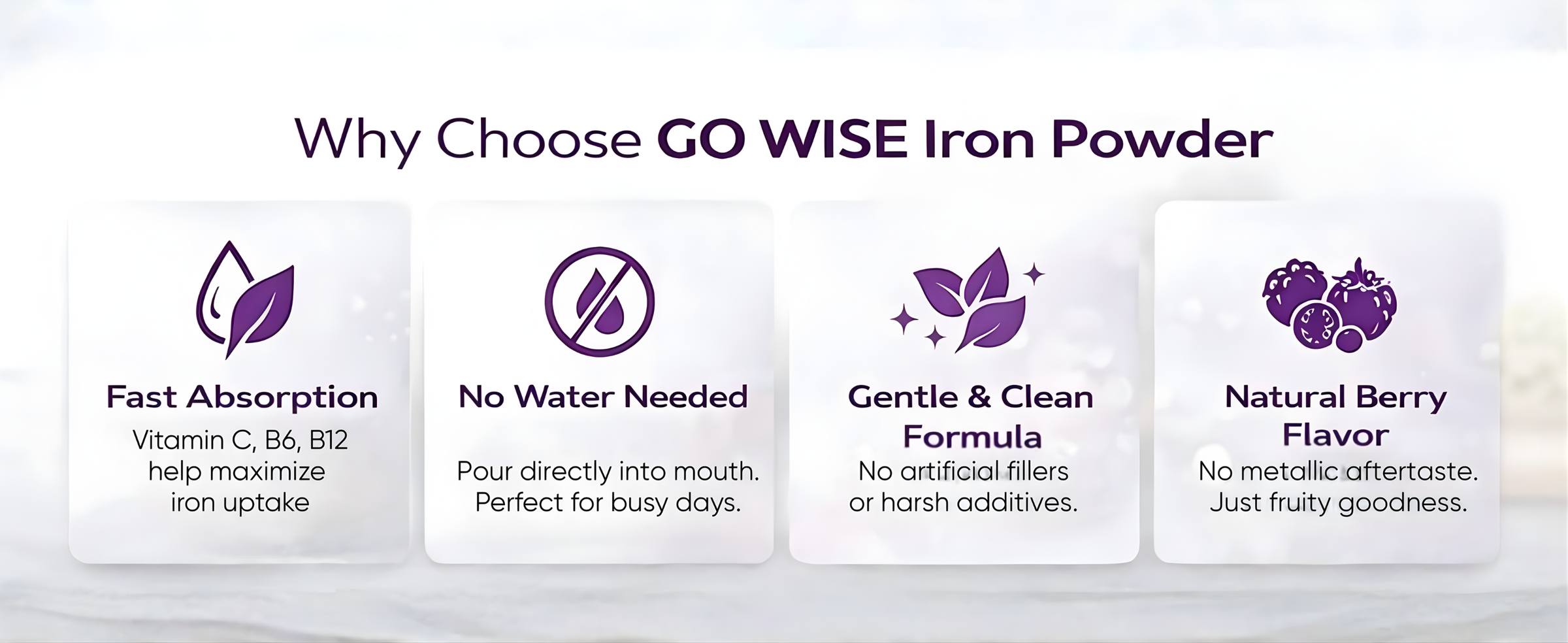 GO WISE Iron Powder promotional graphic with benefits listed.