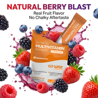Multivitamin powder package with berries and splashes of juice on a white background