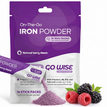 Go Wise On-The-Go Iron Powder, a gentle iron supplement and iron powder supplement in natural berry flavor with no water needed, shown with a poured stick pack, berry powder, and fresh berries. A good iron supplement for women seeking iron supplements for energy and iron supplements for fatigue.