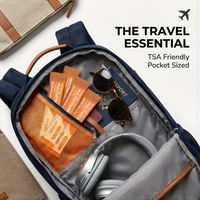 Open travel bag with TSA documents, sunglasses, and headphones on a white background