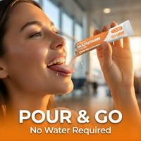 Woman holding a multivitamin powder packet with 'Pour & Go' text overlay.