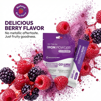 Go Wise iron powder stick pack with berries and poured powder, showing the no-water format and light berry flavor.