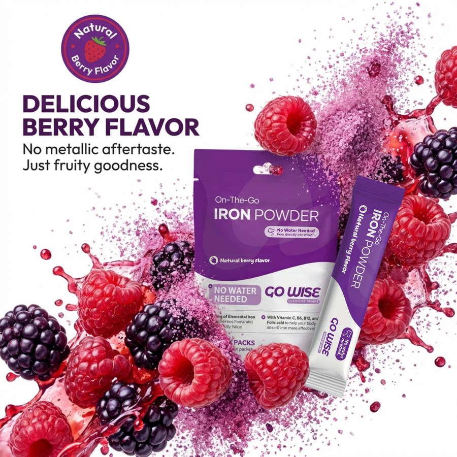 Go Wise iron powder stick pack with berries and poured powder, showing the no-water format and light berry flavor.