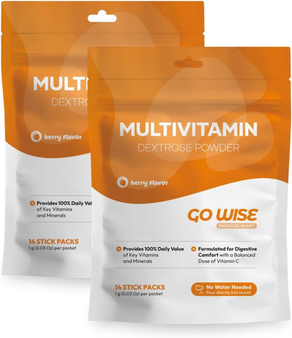Two packages of Go Wise Multivitamin Dextrose Powder on a white background