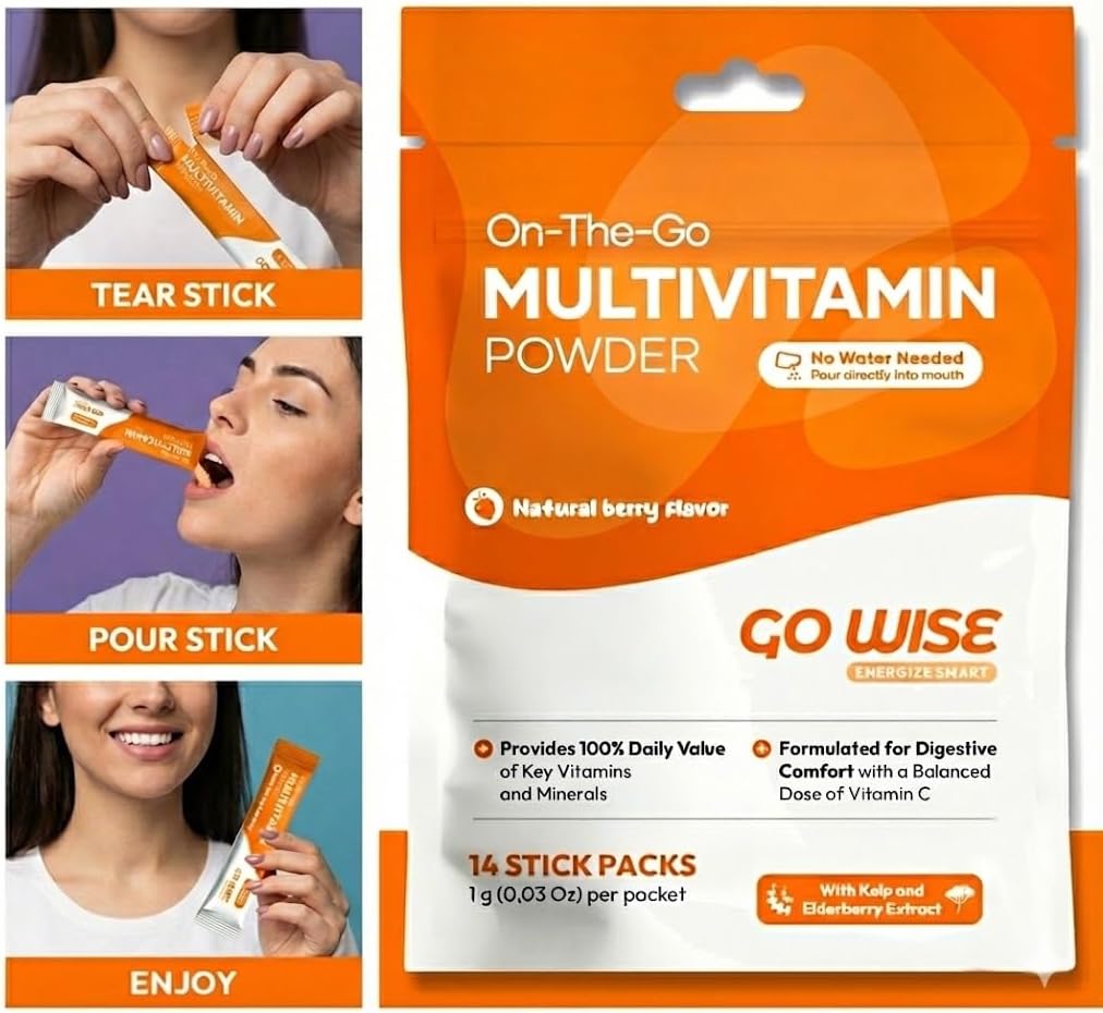 Go Wise On-The-Go Multivitamin Powder package with usage instructions and product details.