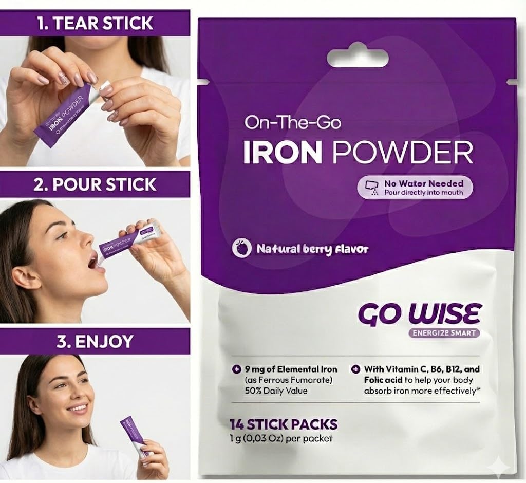 Go Wise On-The-Go Iron Powder packaging with usage instructions and product details. Directly in mouth then swallowed, can be used as a sublingual iron supplement