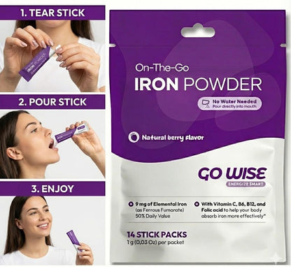 Go Wise On-The-Go Iron Powder packaging with usage instructions and product details. Directly in mouth then swallowed, can be used as a sublingual iron supplement