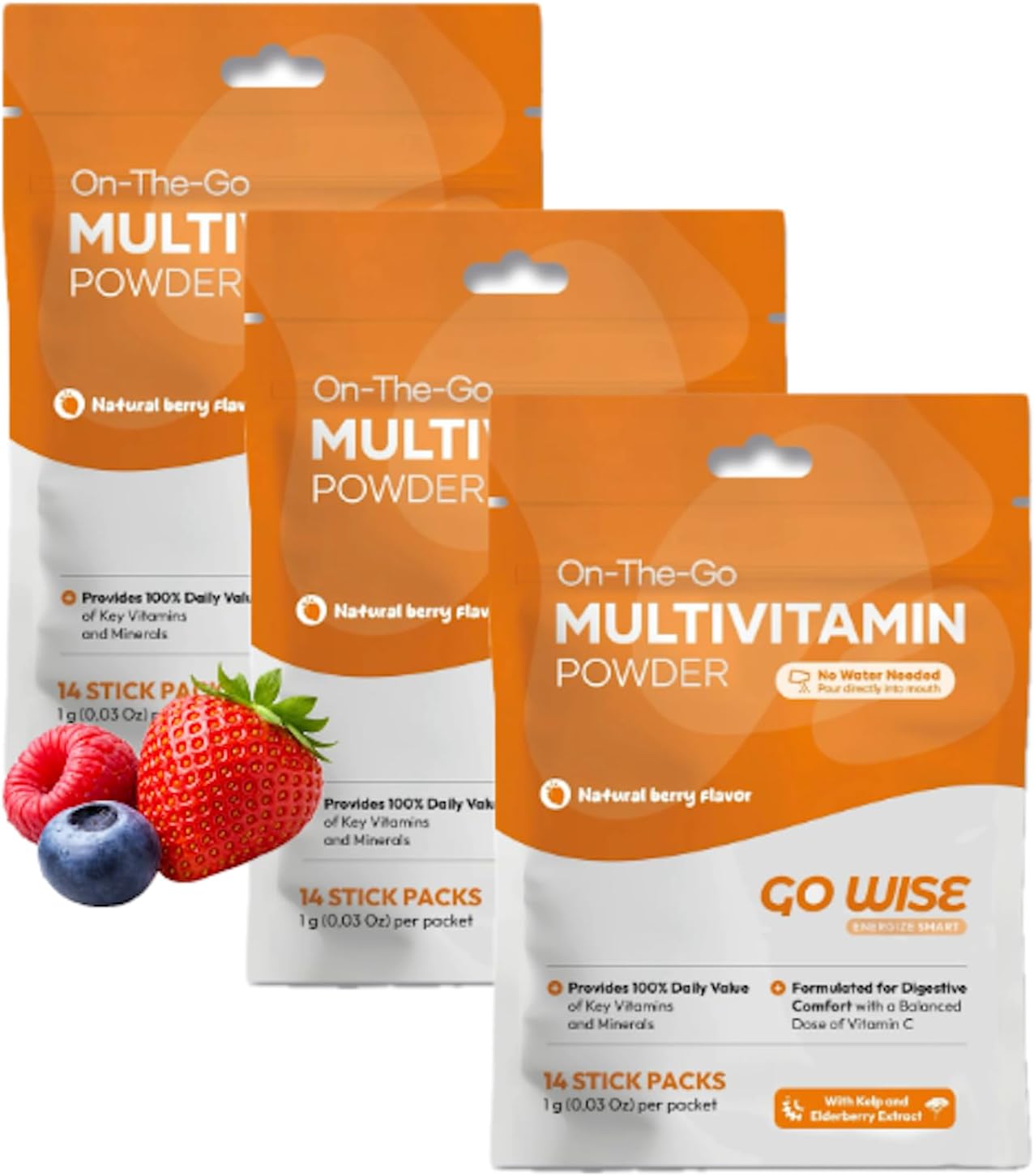 Three packages of On-The-Go Multi Vitamin Powder with berries on a white background