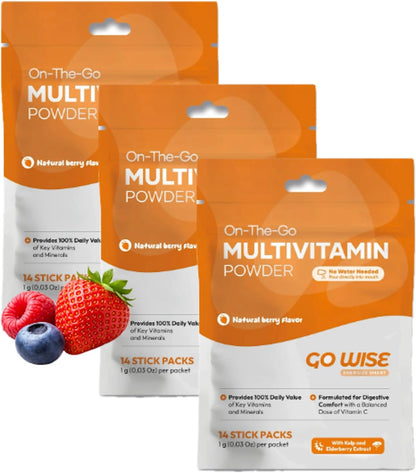 Three packages of On-The-Go Multi Vitamin Powder with berries on a white background
