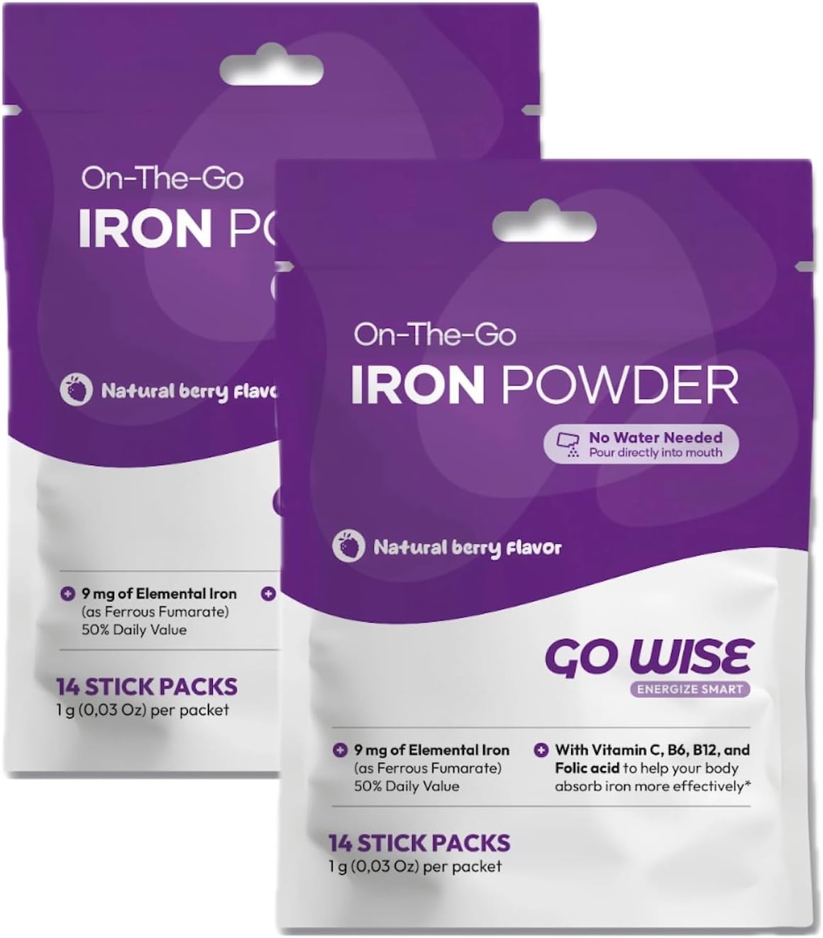 Two packages of On-The-Go Iron Powder with purple and white design.
