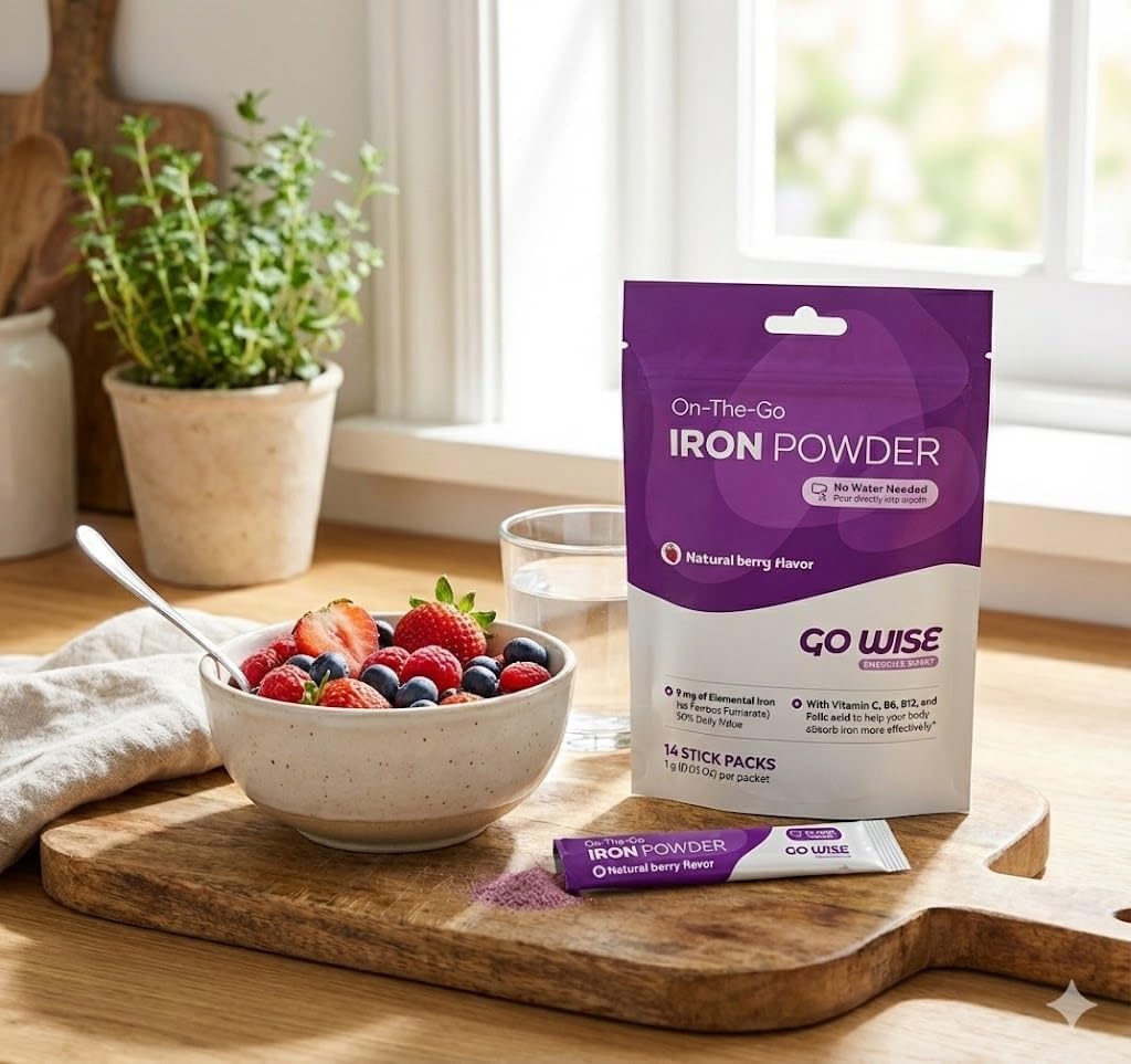 Go Wise Iron Powder package on a wooden cutting board with a bowl of berries and a glass.