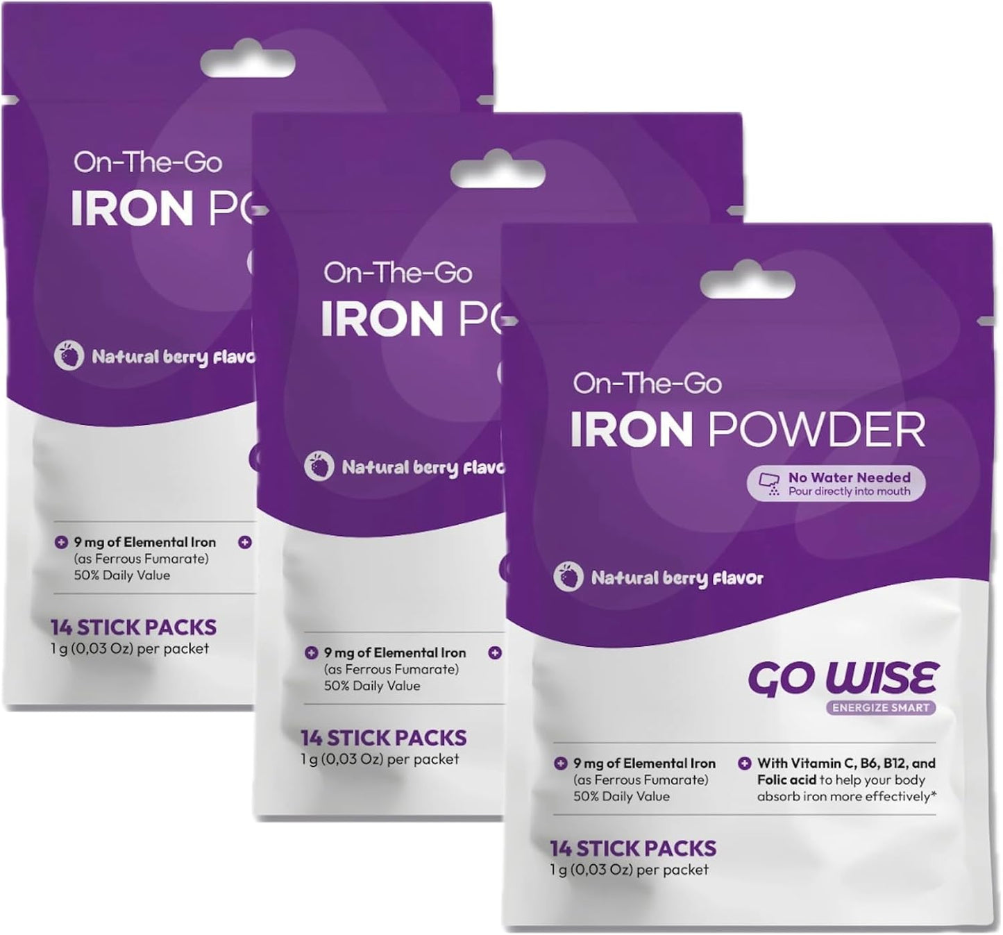 Three packages of On-The-Go Iron Powder by Go Wise on a white background