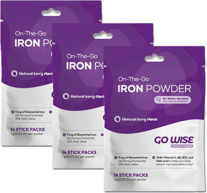 Three packages of On-The-Go Iron Powder by Go Wise on a white background