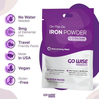 Go Wise Iron Powder – 14 Iron Stick Packs with Vitamin C, B6, B12 & Folic Acid, No Water Needed