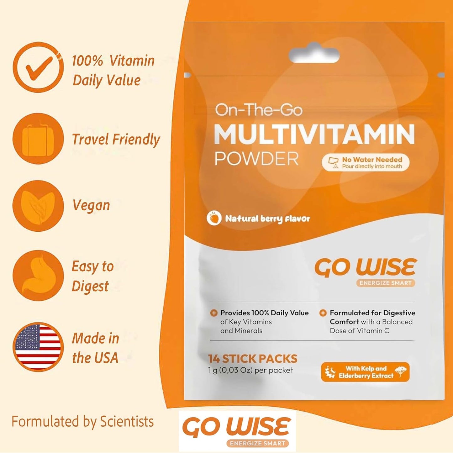 Go Wise On The Go Multivitamin Powder – 14 Vegan Daily Vitamin Stick Packs, Natural Berry Flavor, Gluten-Free Energy & Immune Support