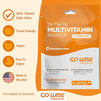 Go Wise On The Go Multivitamin Powder – 14 Vegan Daily Vitamin Stick Packs, Natural Berry Flavor, Gluten-Free Energy & Immune Support