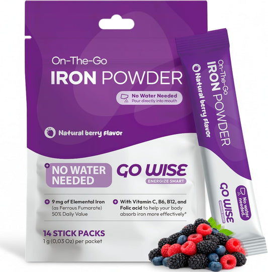 Go Wise Iron Powder – 14 Iron Stick Packs with Vitamin C, B6, B12 & Folic Acid, No Water Needed