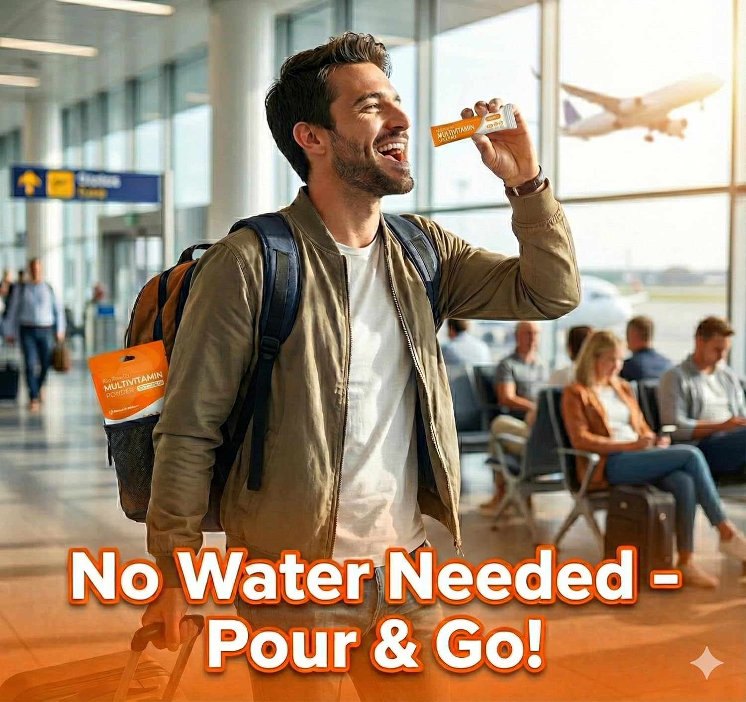 Man in an airport holding a water bottle with text 'No Water Needed - Pour & Go!'
