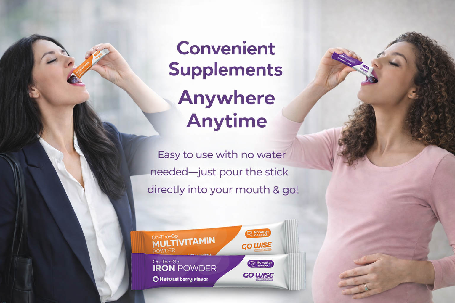 Two women using supplement sticks with text about convenience and ease of use.