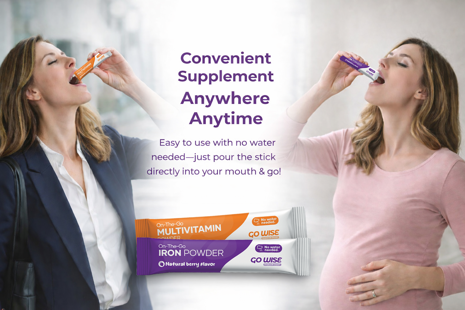 Two women using Go Wise supplement sticks with text about convenience and ease of use.