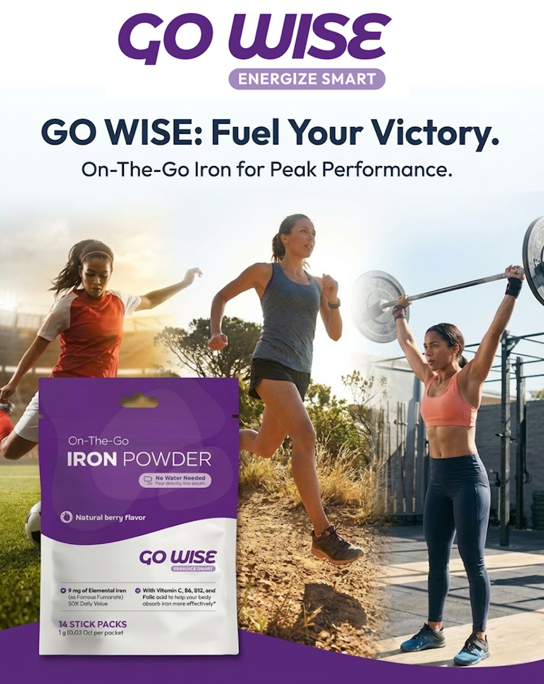 Go Wise iron powder package with women exercising outdoors.