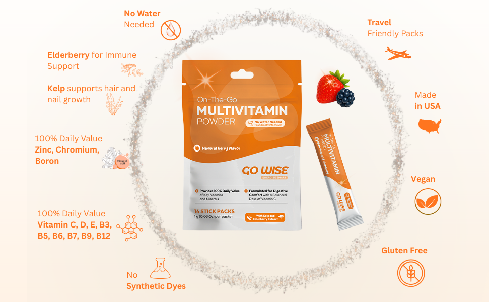 Go Wise On The Go Multivitamin Powder – 14 Vegan Daily Vitamin Stick Packs, Natural Berry Flavor, Gluten-Free Energy & Immune Support