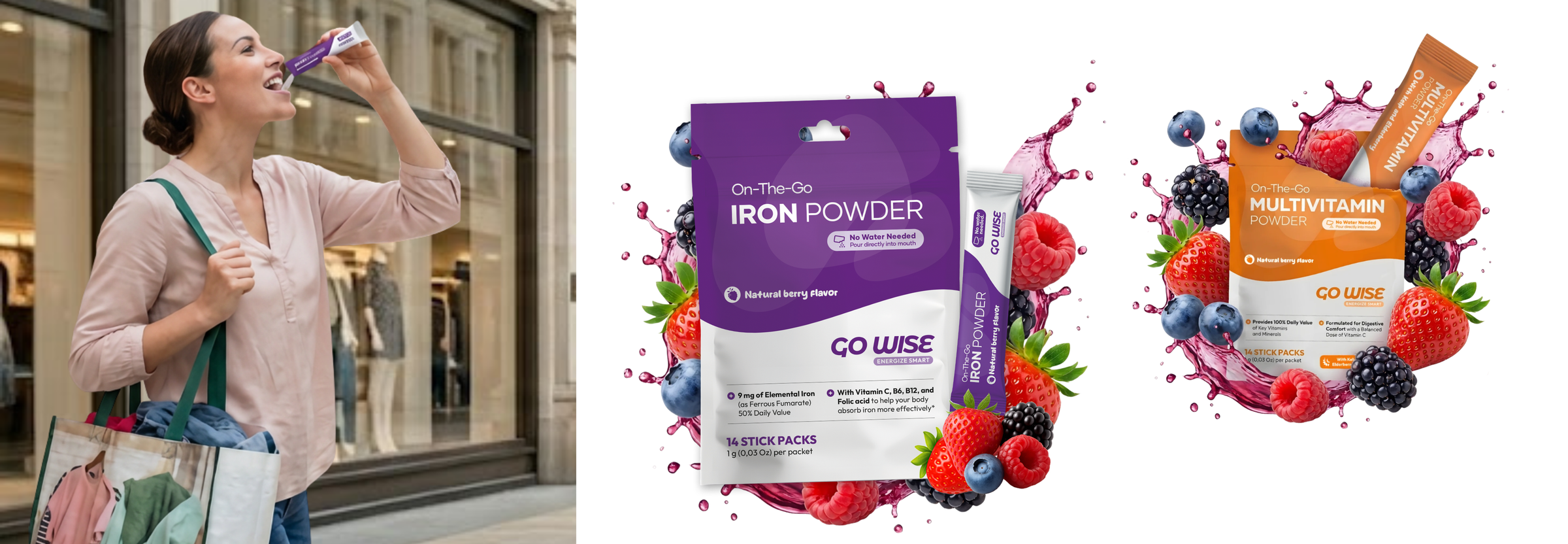 Woman having a supplement with iron powder and multivitamin packaging displayed on a white background.
