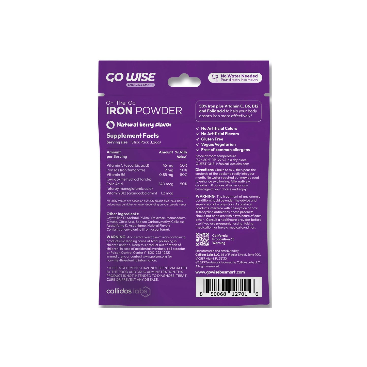 Go Wise - Iron Powder Sticks -  No water mixing required - Pour and Enjoy - 14  Sticks Back