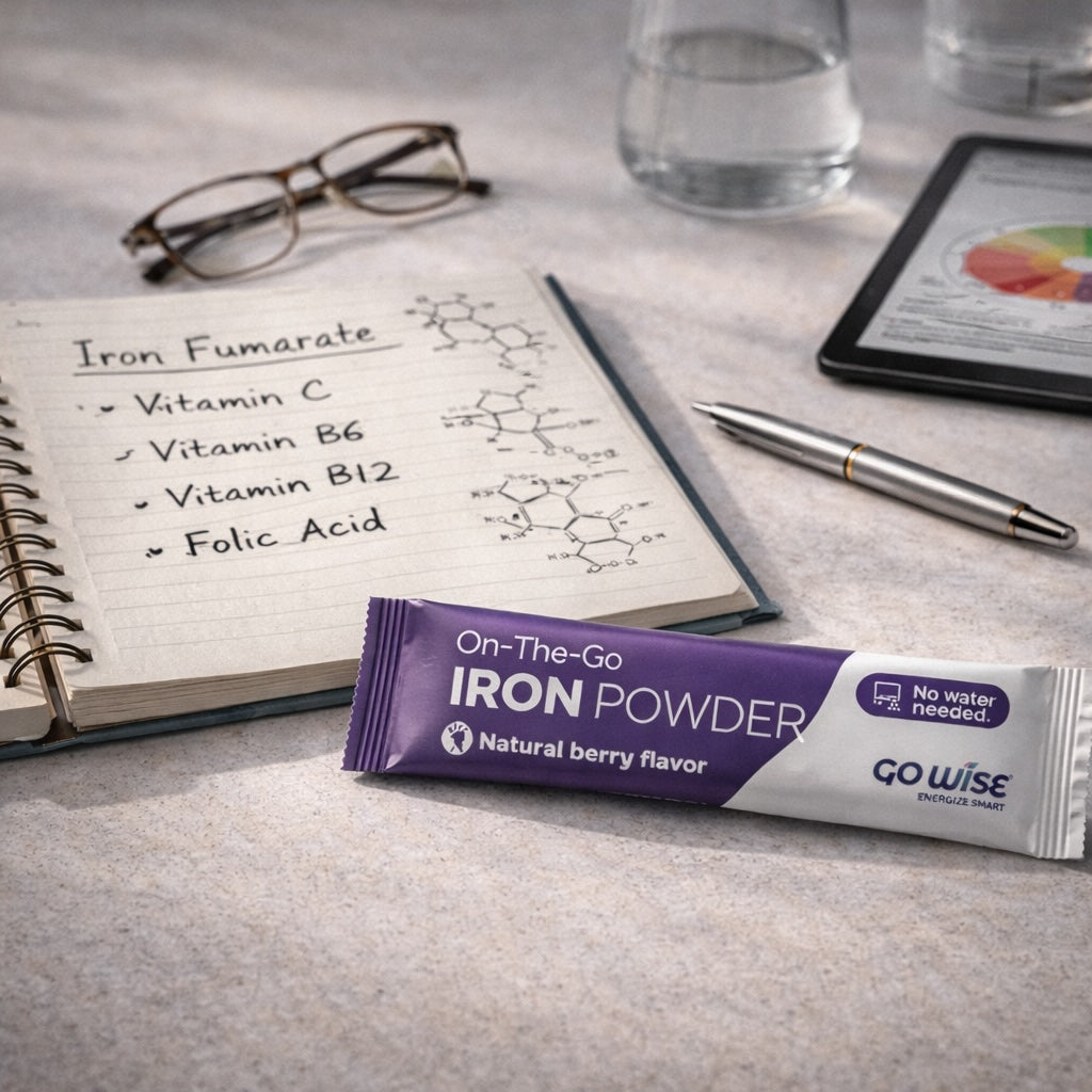 On-The-Go Iron Powder package on a desk with a notebook and glasses in the background