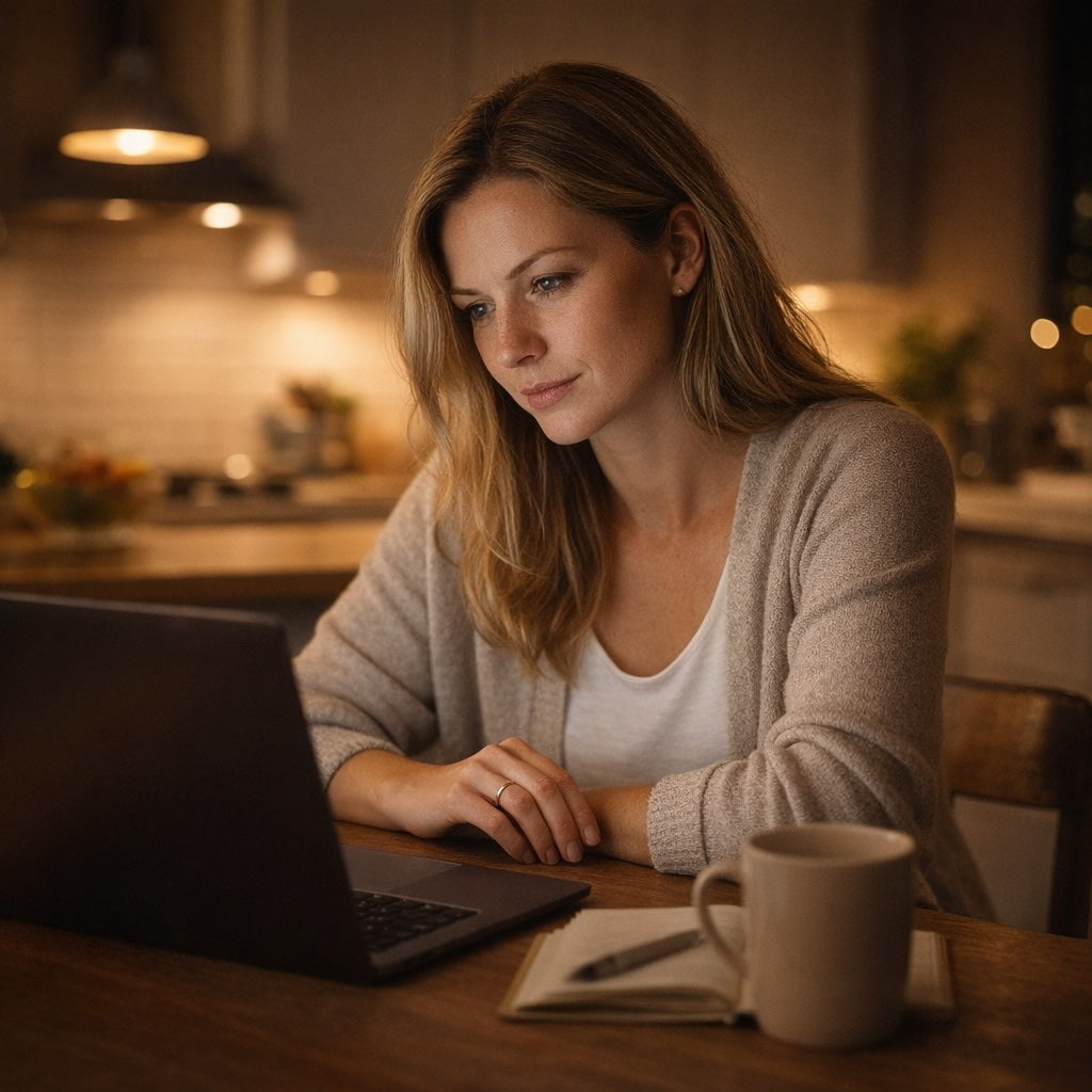 Woman sitting at a table in a kitchen using a laptop with a mug and notebook.