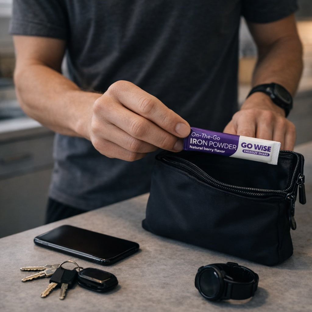 Person holding a container of GOWISE iron powder next to a black pouch on a counter.