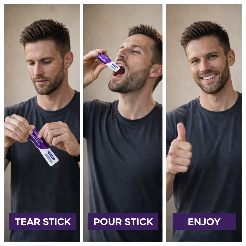 Step-by-step process of using a product stick with a man in a black shirt, showing 'Tear Stick', 'Pour Stick', and 'Enjoy' stages.