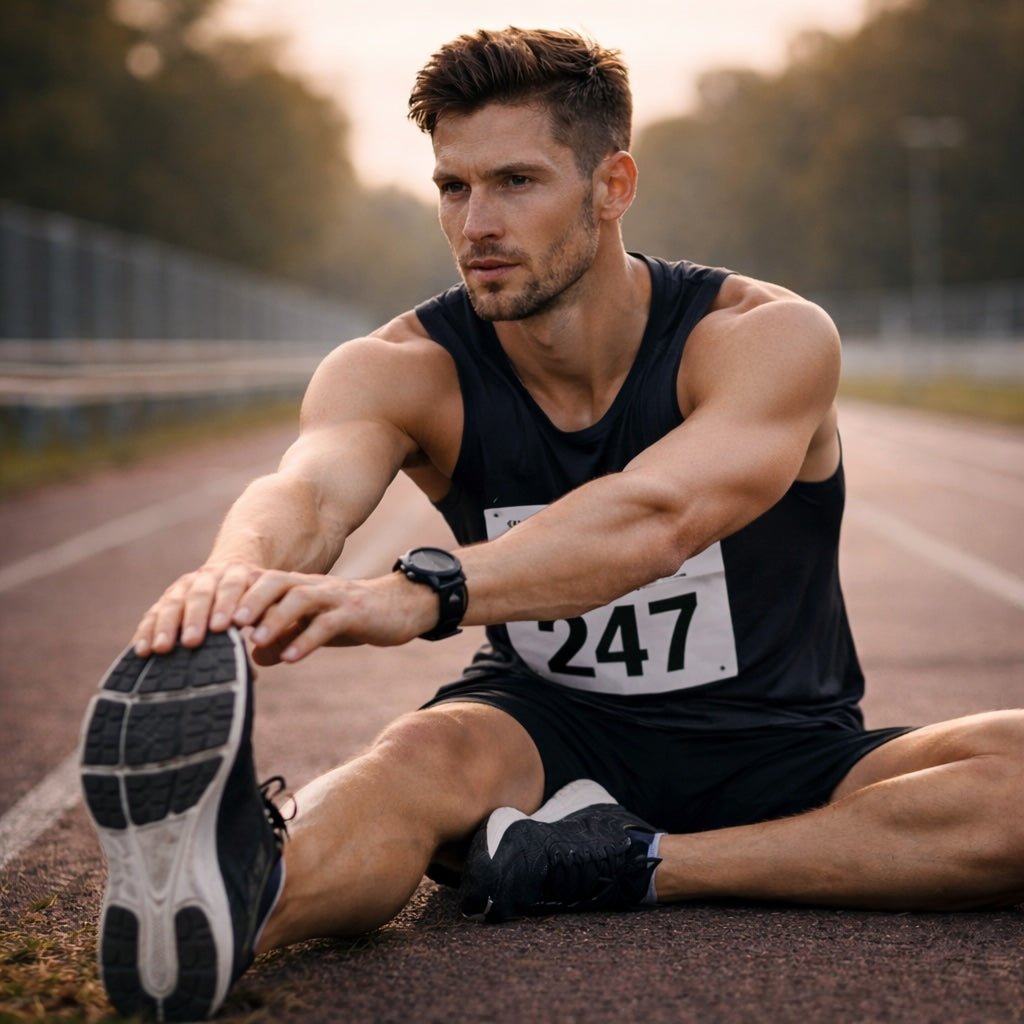 Athlete stretching on a track with a race number on his shirt