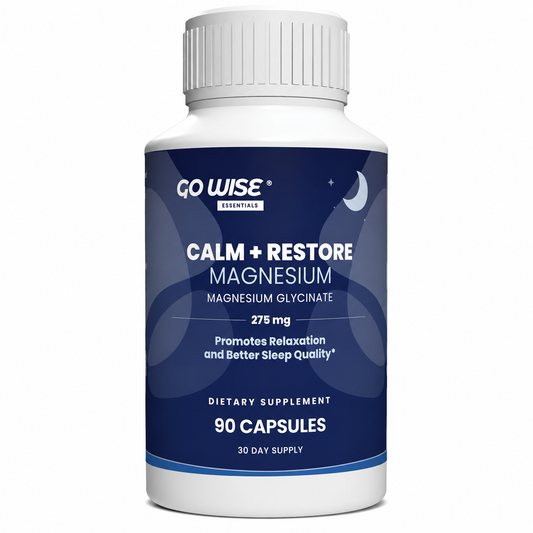 A white bottle of GO WISE Essentials Calm + Restore Magnesium dietary supplement with a dark blue label, shown on a plain white background.