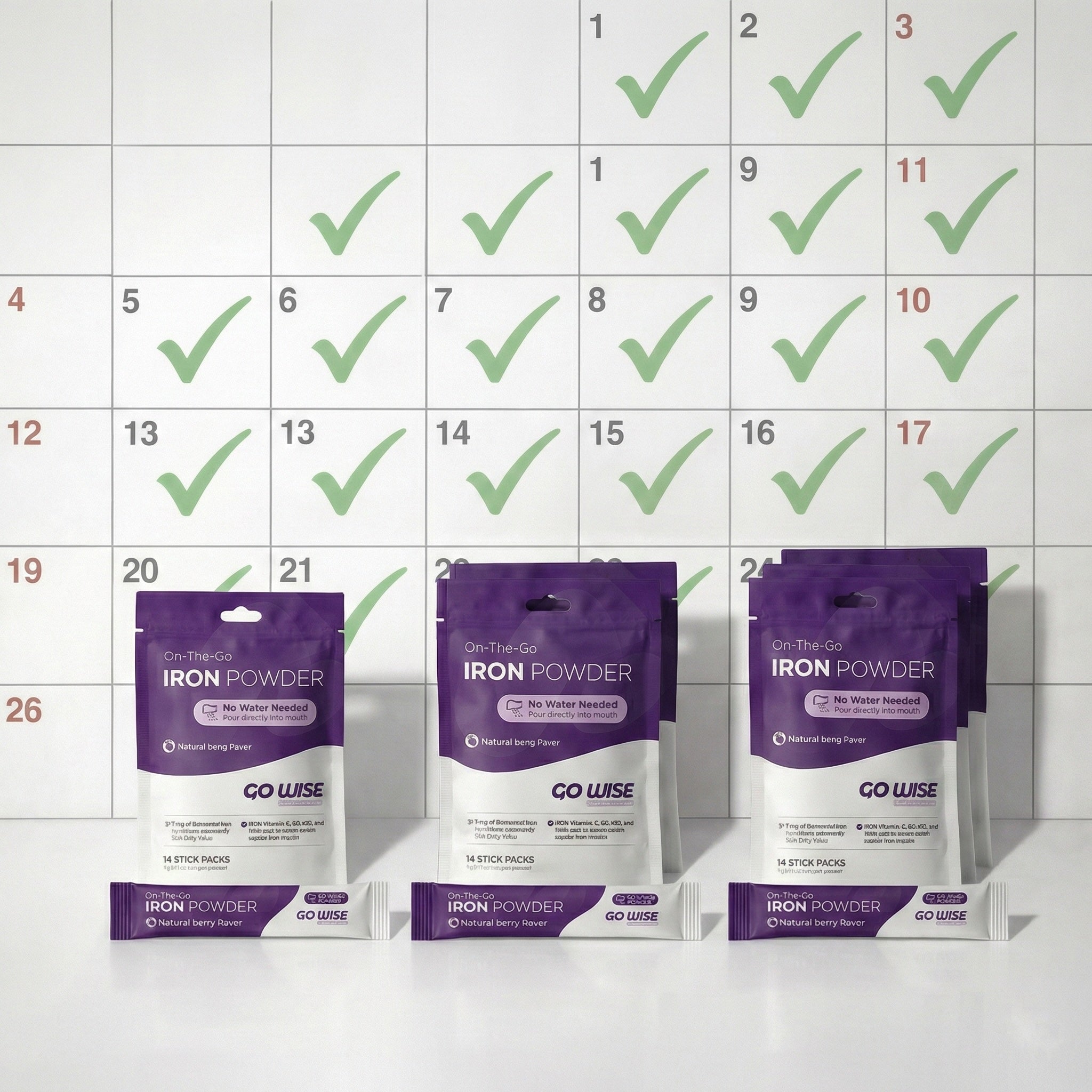 Three packages of Go Wise Iron Powder with a checkered background