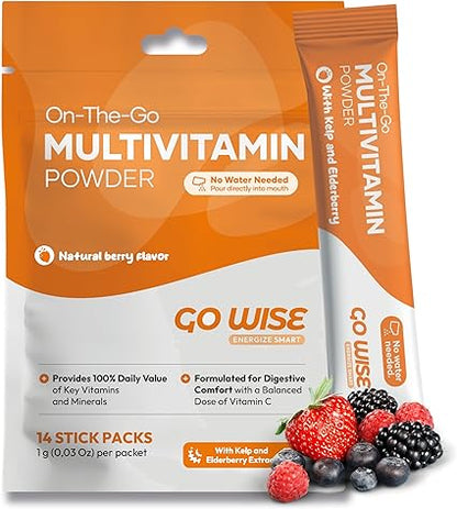 Go Wise On The Go Multivitamin Powder – 14 Vegan Daily Vitamin Stick Packs, Natural Berry Flavor, Gluten-Free Energy & Immune Support