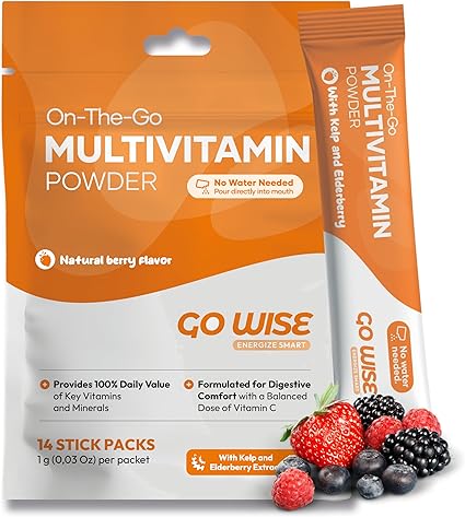 Go Wise On The Go Multivitamin Powder – 14 Vegan Daily Vitamin Stick Packs, Natural Berry Flavor, Gluten-Free Energy & Immune Support