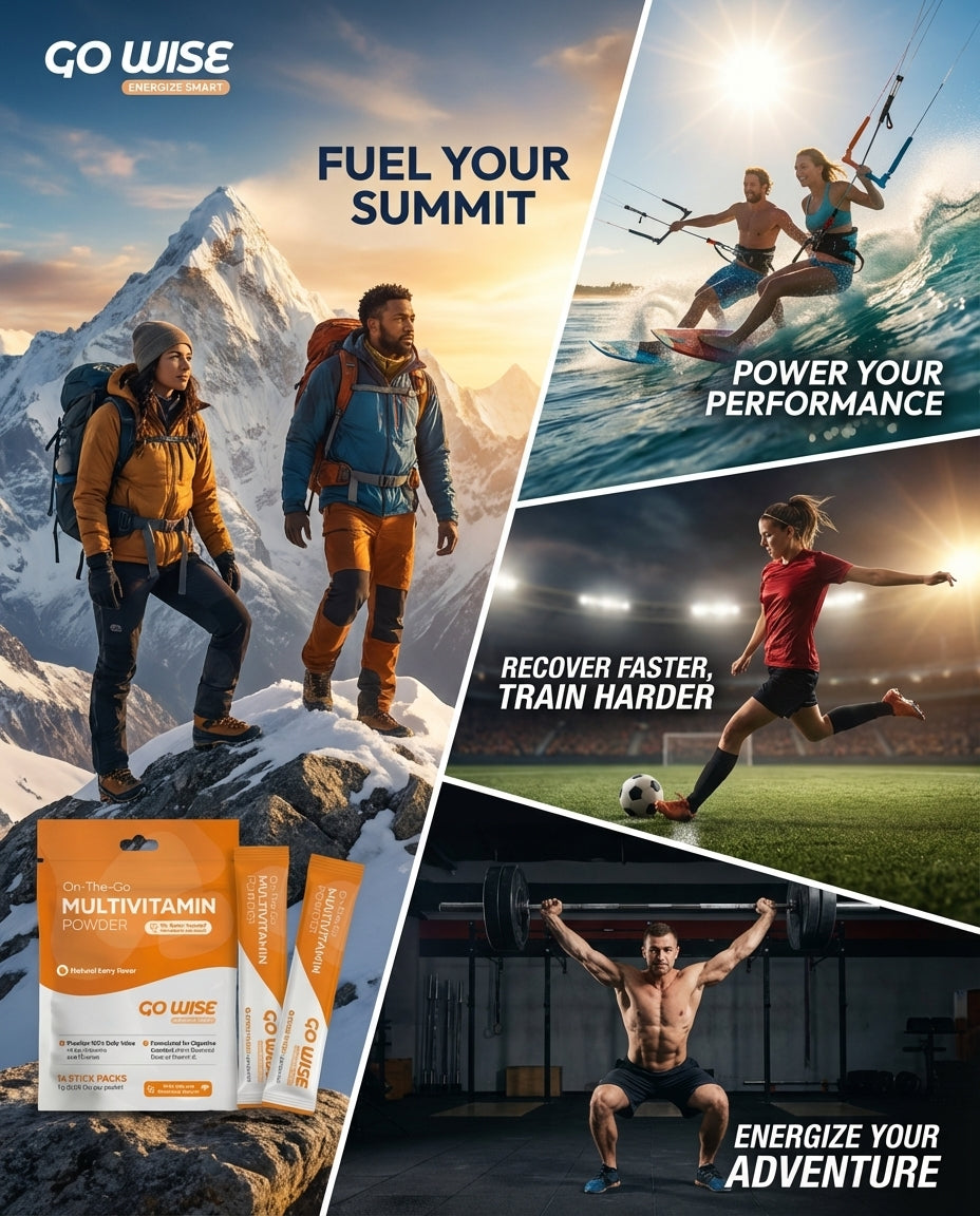 Collage of Go Wise multivitamin powder packaging with outdoor and sports-themed images.