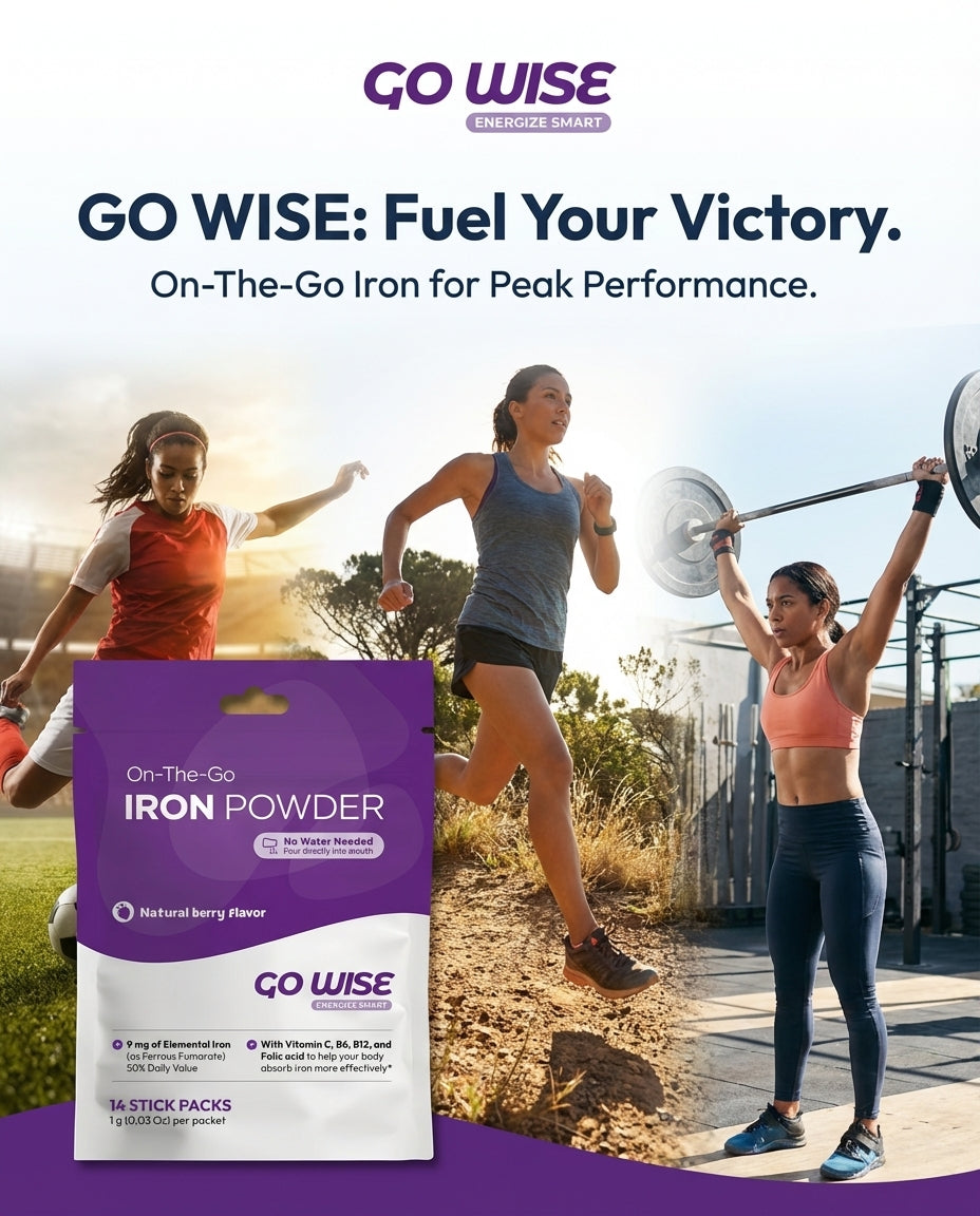 Go Wise Iron Powder package with women exercising outdoors, featuring the brand's slogan 'Fuel Your Victory'.
