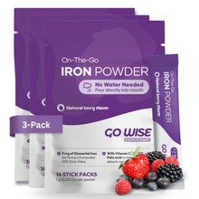 Three packages of On-The-Go Iron Powder by Go Wise. Go Wise On-The-Go Iron Powder, a gentle iron supplement and iron powder supplement in natural berry flavor with no water needed, shown with a poured stick pack, berry powder, and fresh berries. A good iron supplement for women seeking iron supplements for energy and iron supplements for fatigue.