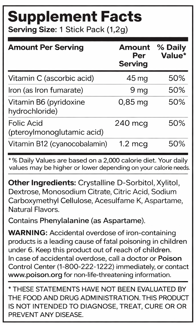 Supplement facts label for a stick pack of go wise iron with detailed nutritional information and warnings.